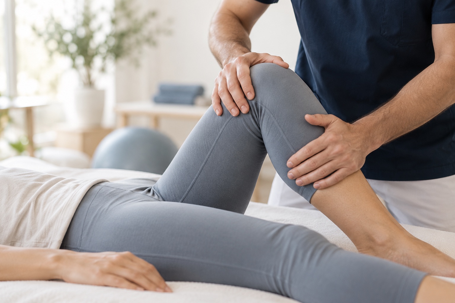 Escena ilustrativa de una valoración de fisioterapia de rodilla